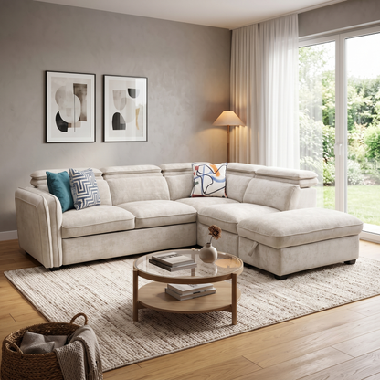 ‘Rodney’ Oatmeal Fabric Right Hand Facing Corner Sofa Bed with Storage