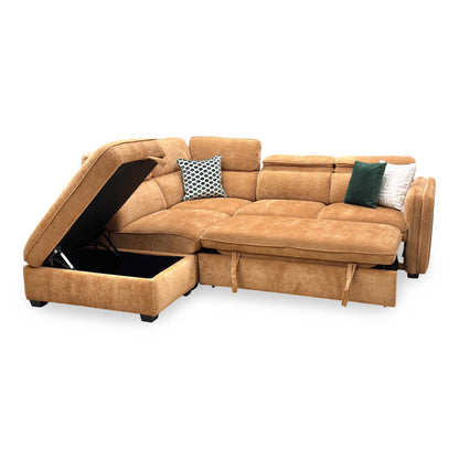 ‘Rodney’ Rust Brown Fabric Left Hand Facing Corner Sofa Bed with Storage