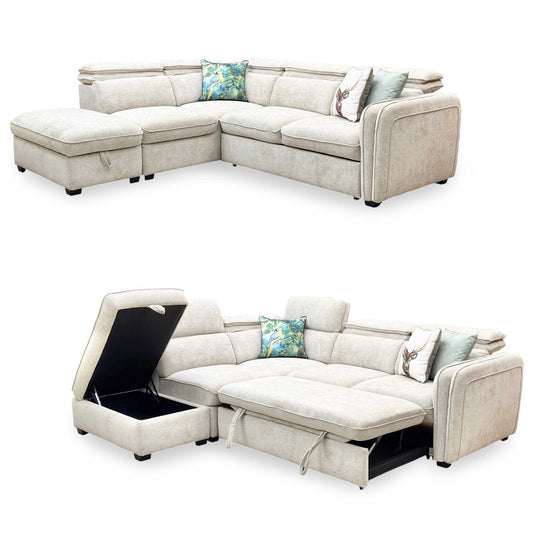 ‘Rodney’ Oatmeal Fabric Left Hand Facing Corner Sofa Bed with Storage