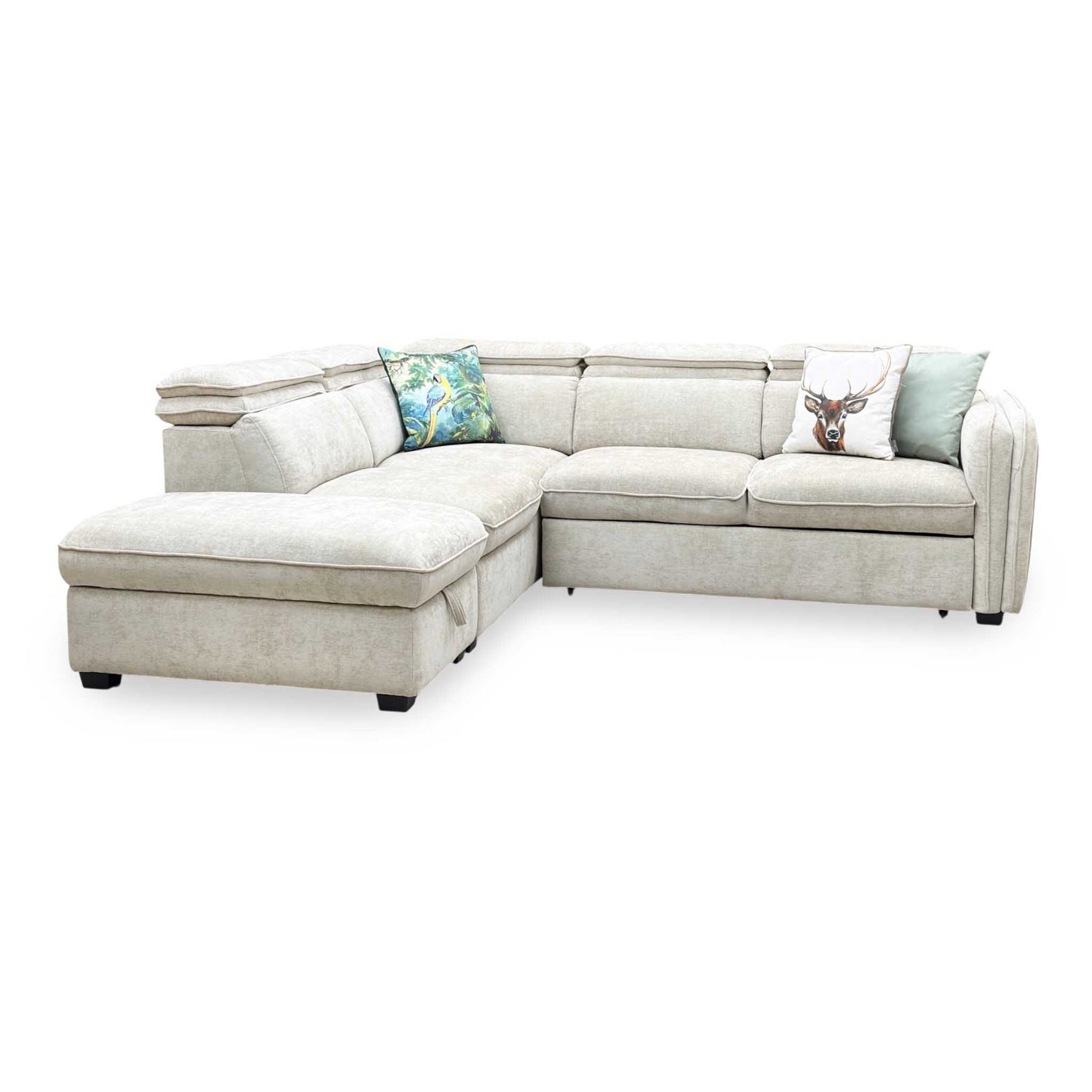 ‘Rodney’ Oatmeal Fabric Left Hand Facing Corner Sofa Bed with Storage