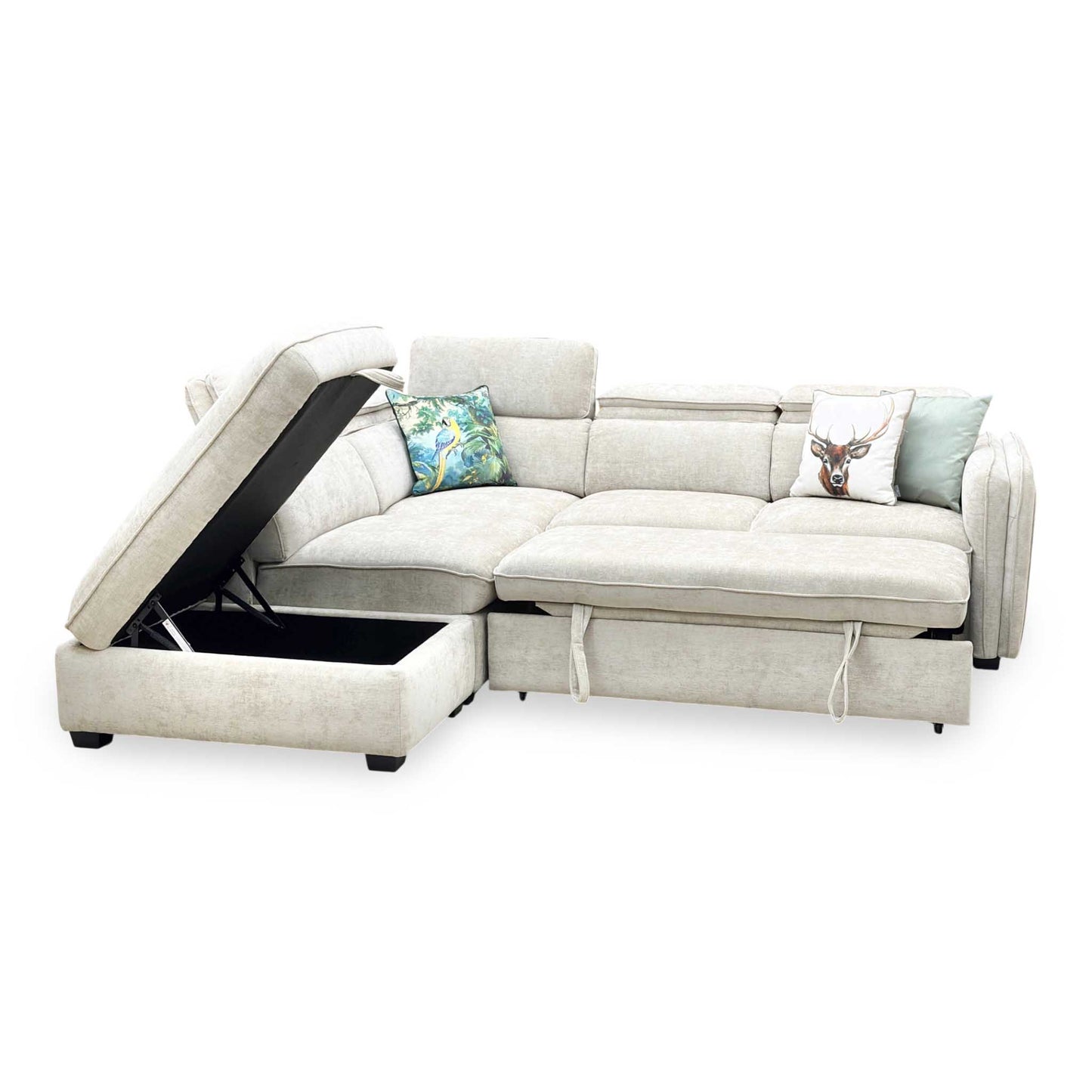 ‘Rodney’ Oatmeal Fabric Left Hand Facing Corner Sofa Bed with Storage