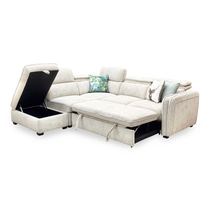 ‘Rodney’ Oatmeal Fabric Left Hand Facing Corner Sofa Bed with Storage