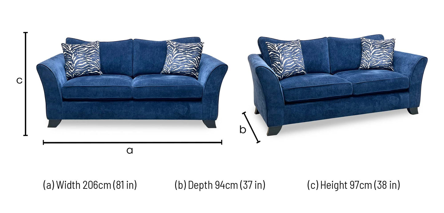 Technical dimensions blueprint and living room space planning floor footprint schematic for the ‘Sasha’ Zara Navy Blue Fabric Classic Back 3-Seater Sofa.