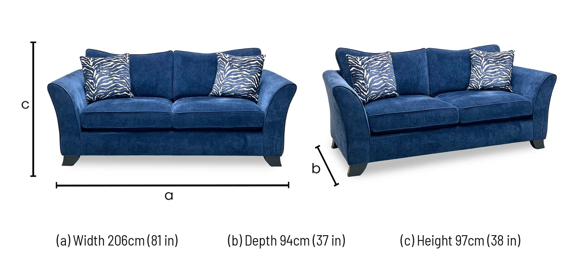Technical dimensions blueprint and living room space planning floor footprint schematic for the ‘Sasha’ Zara Navy Blue Fabric Classic Back 3-Seater Sofa.