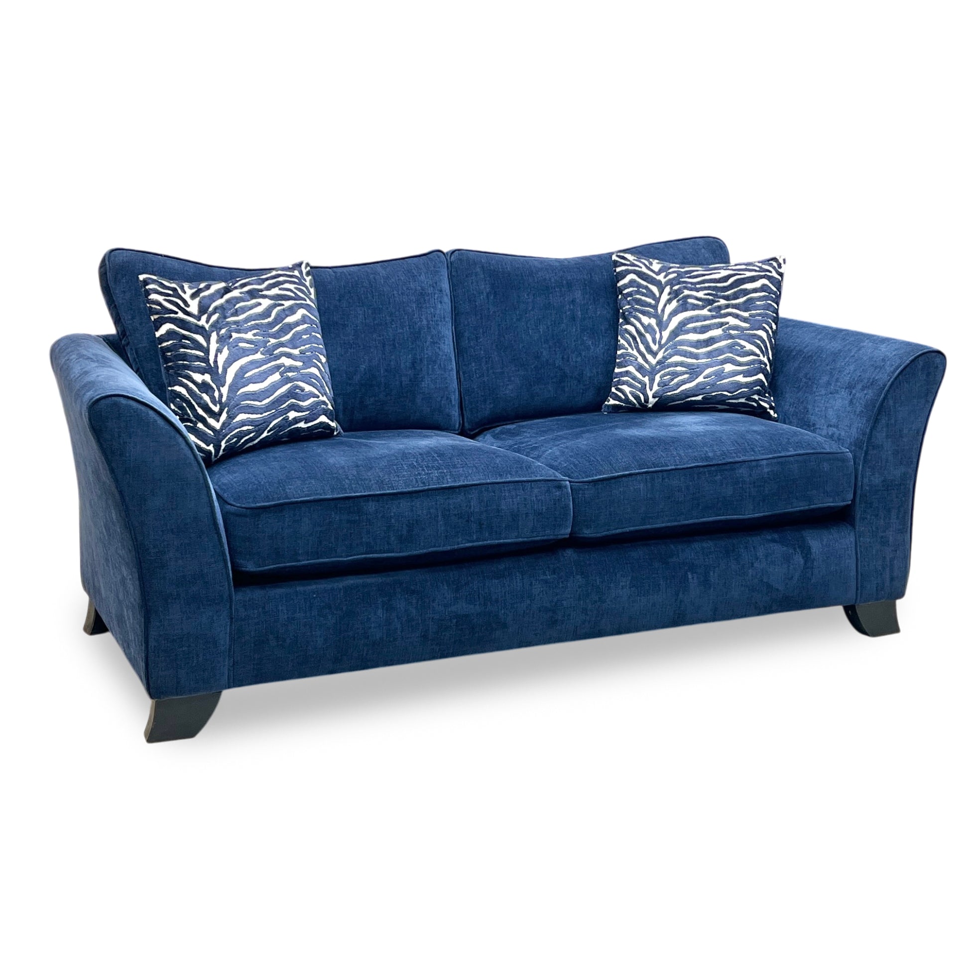 Full view ‘Sasha’ contemporary 3-seater sofa featuring a classic back design, beautifully upholstered in a sophisticated Zara Navy Blue fabric with clean, modern lines.