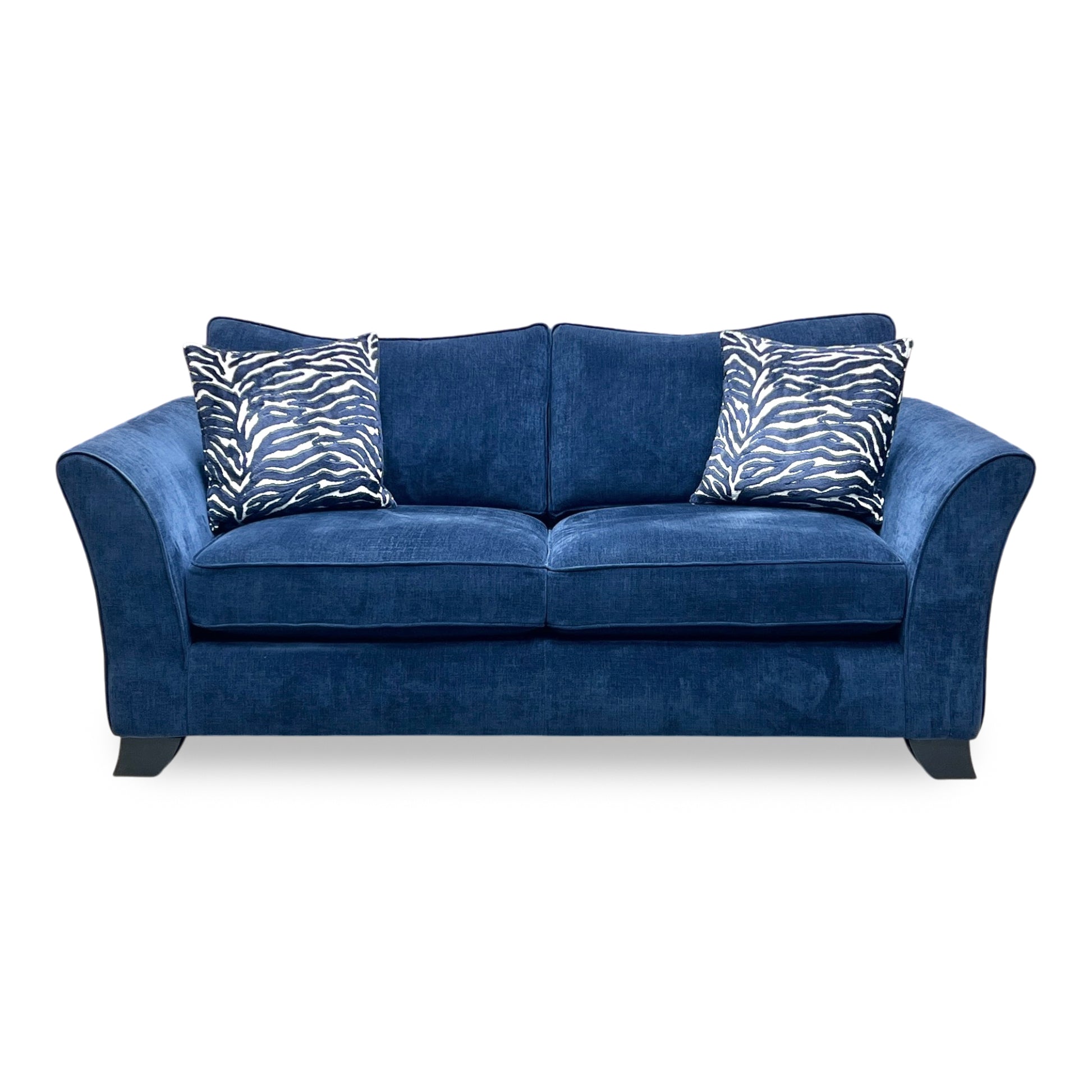 Front-facing view of the Sasha Zara Navy Blue 3-seater sofa, highlighting the generous plush seat cushions, comfortable supportive back cushions, and balanced structural symmetry.
