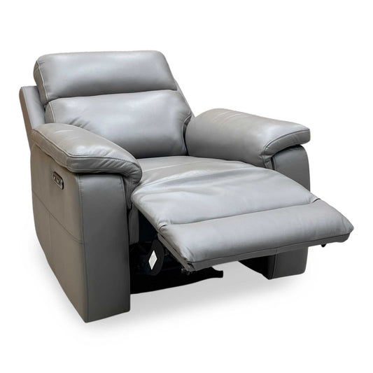 Full view of Raven Oslo Elephant Grey leather power recliner chair front view. Modern luxury single-seater lounge armchair featuring premium top-grain elephant grey leather upholstery, deeply cushioned armrests, and an integrated electronic reclining footrest.