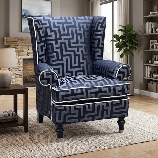 Duresta ‘Princeton’ Britannica Midnight Blue Cp Eby:Stl Patterned Fabric Wing Chair – view 2