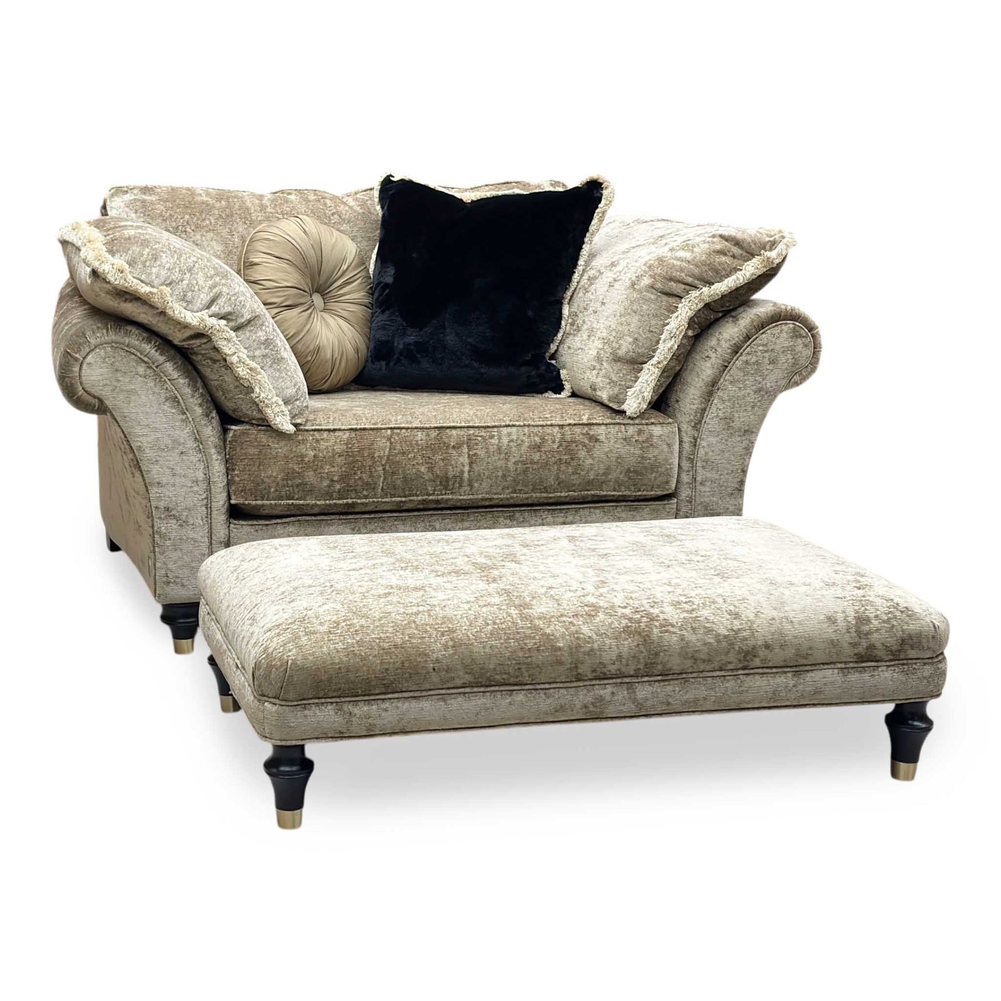 Full view of Duresta 'Princeton' Monarch Gold Eby_Stl Fabric Ruched Reading Chair + Rectangular Footstool.