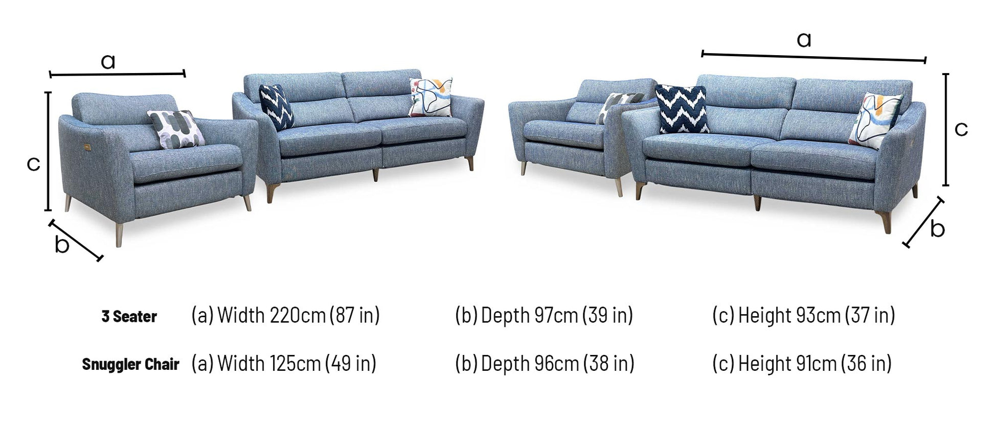 ‘Moderna’ Blr Marine Blue Sw Fabric 3 Seater Power Recliner + Snuggler Chair with Telescopic Headrests Sofa Set Furniture Village