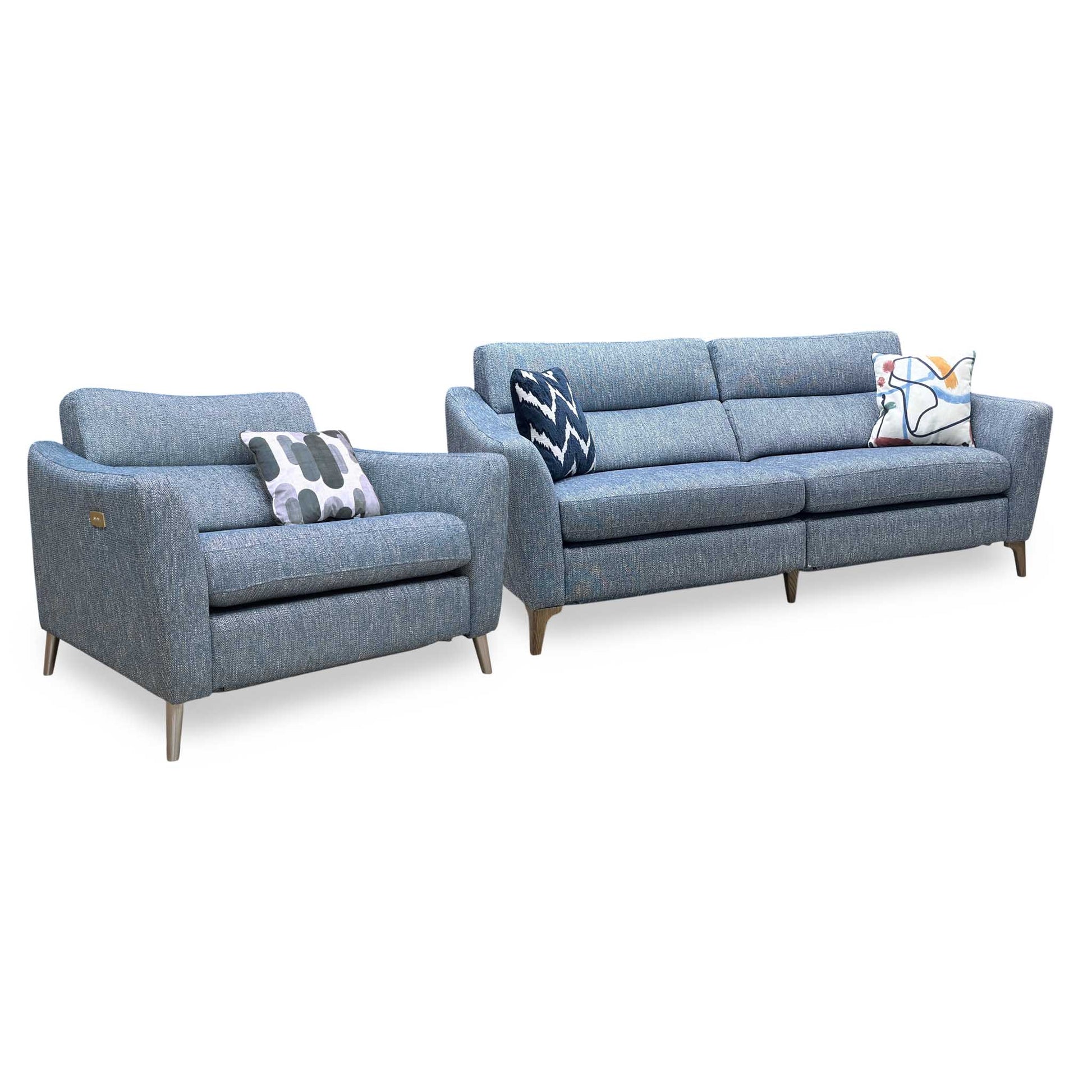 ‘Moderna’ Blr Marine Blue Sw Fabric 3 Seater Power Recliner + Snuggler Chair with Telescopic Headrests Sofa Set Furniture Village