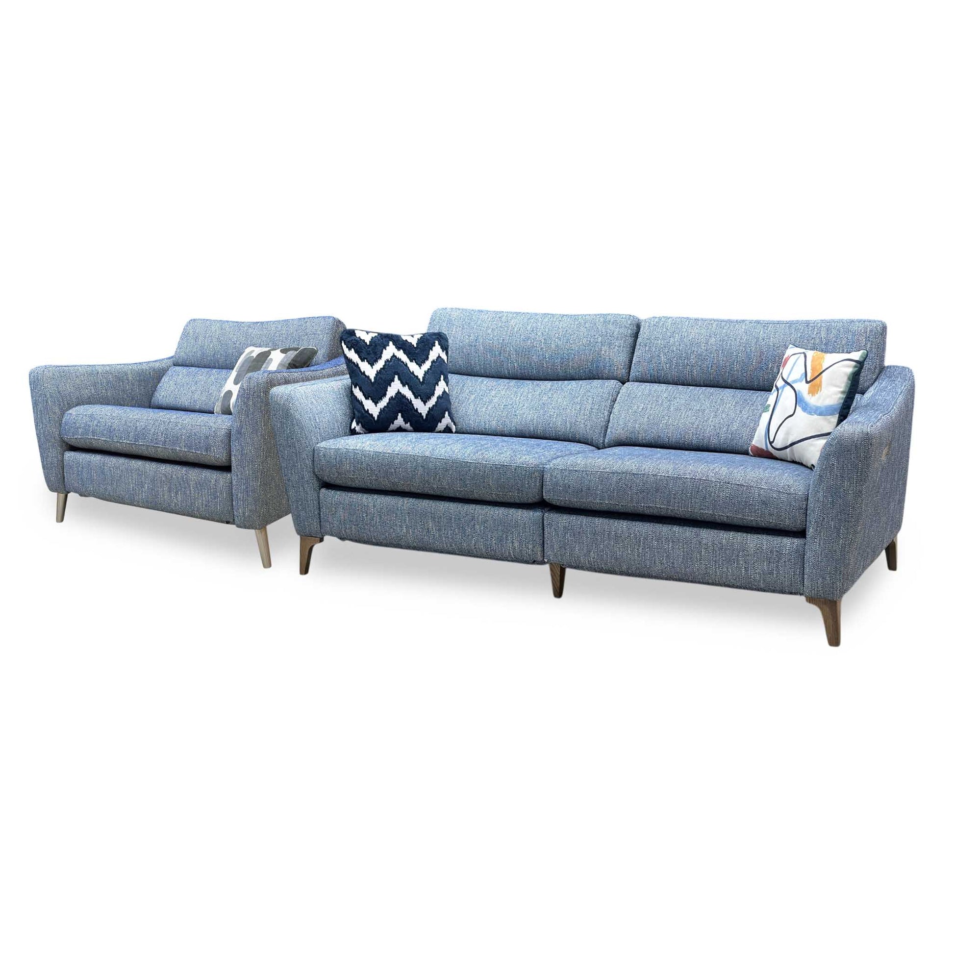 ‘Moderna’ Blr Marine Blue Sw Fabric 3 Seater Power Recliner + Snuggler Chair with Telescopic Headrests Sofa Set Furniture Village