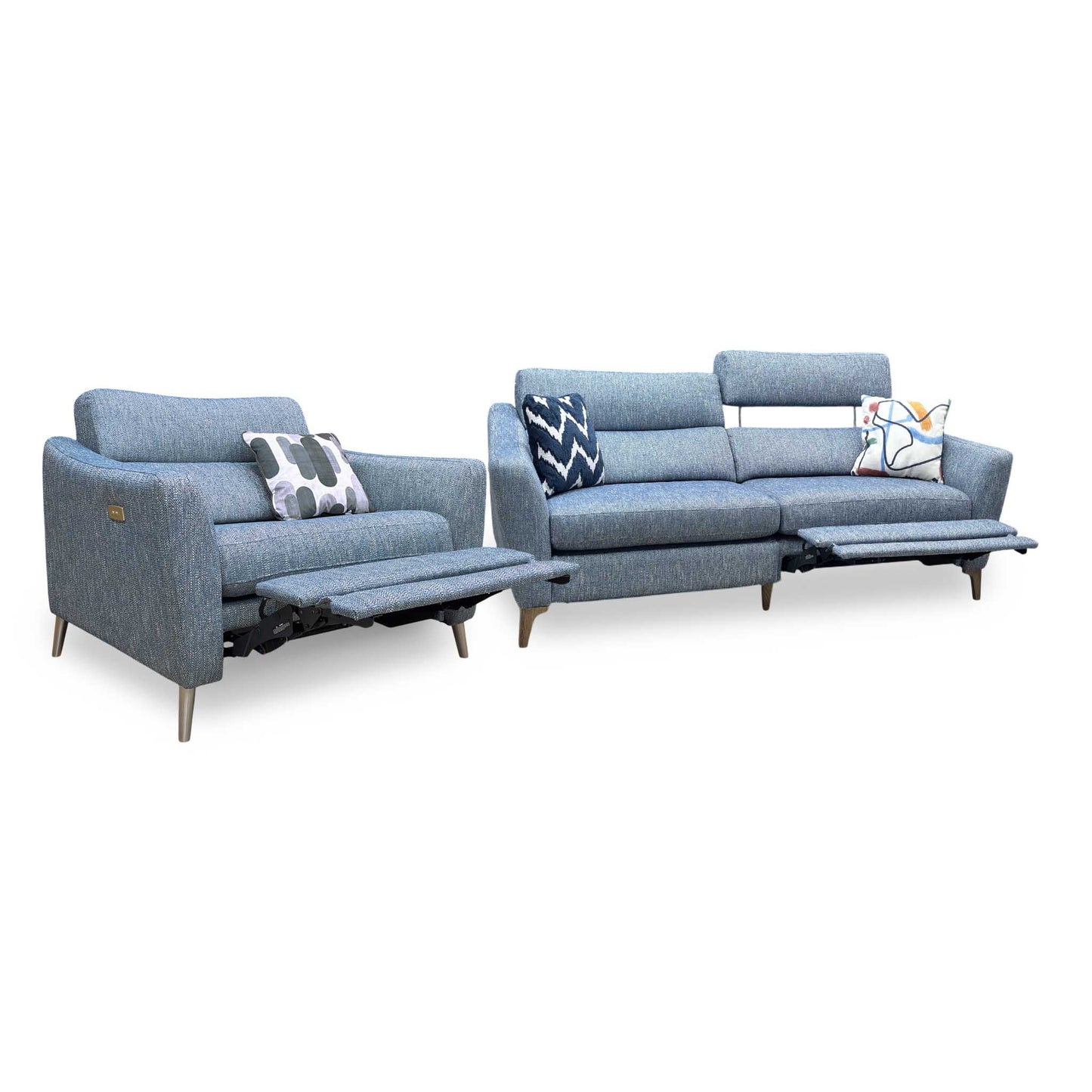 ‘Moderna’ Blr Marine Blue Sw Fabric 3 Seater Power Recliner + Snuggler Chair with Telescopic Headrests Sofa Set Furniture Village
