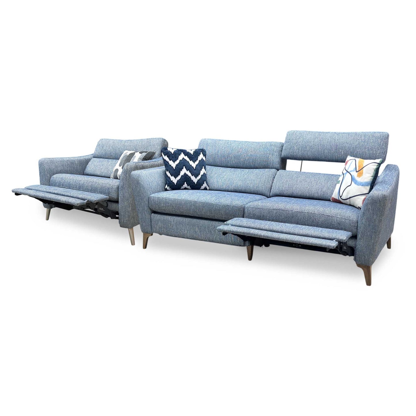 ‘Moderna’ Blr Marine Blue Sw Fabric 3 Seater Power Recliner + Snuggler Chair with Telescopic Headrests Sofa Set Furniture Village