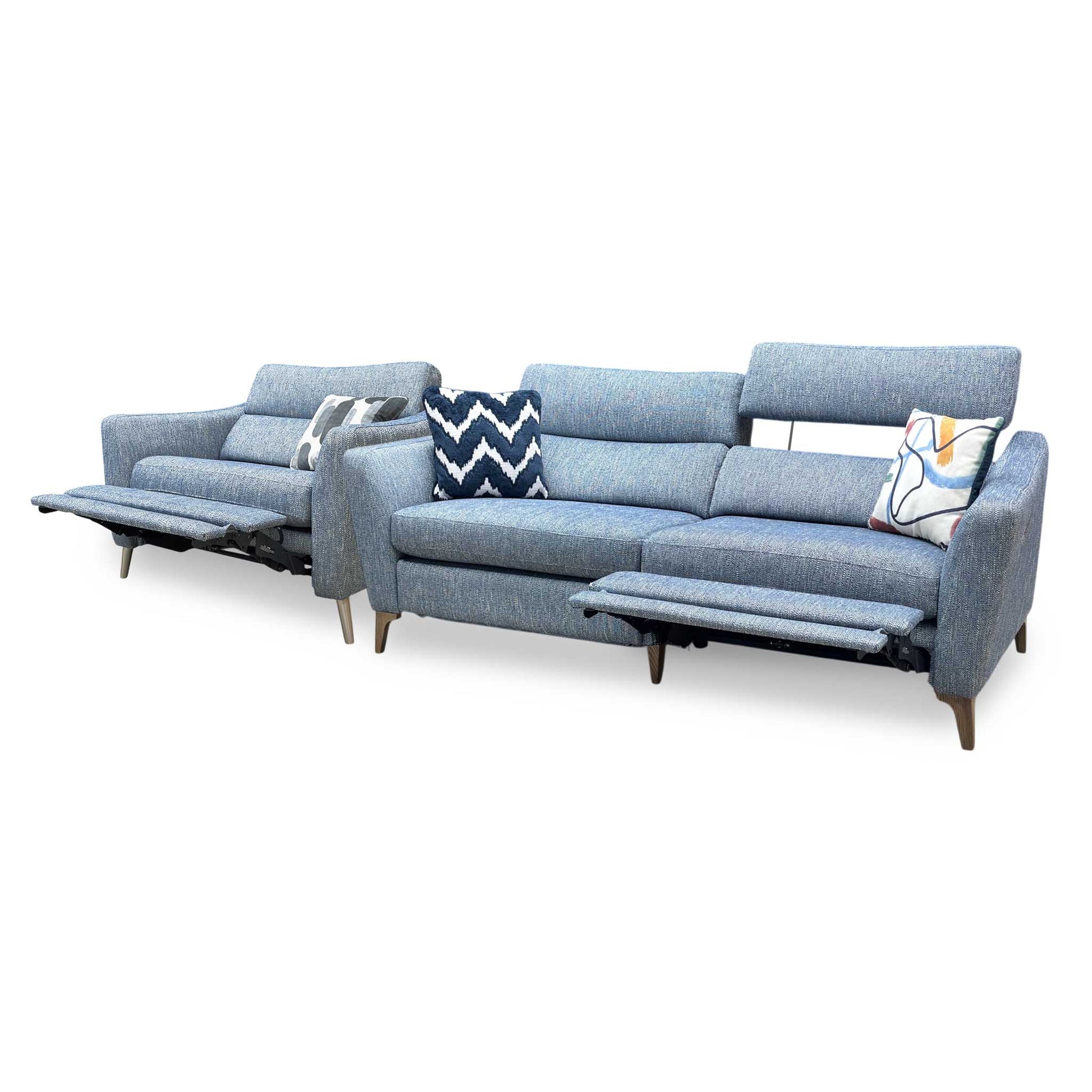 ‘Moderna’ Blr Marine Blue Sw Fabric 3 Seater Power Recliner + Snuggler Chair with Telescopic Headrests Sofa Set Furniture Village