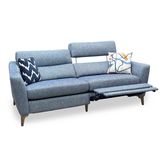 Full view ‘Moderna’ contemporary 3-seater power recliner sofa, beautifully upholstered in a vibrant, sophisticated BLR Marine Blue fabric with crisp tailored edges.