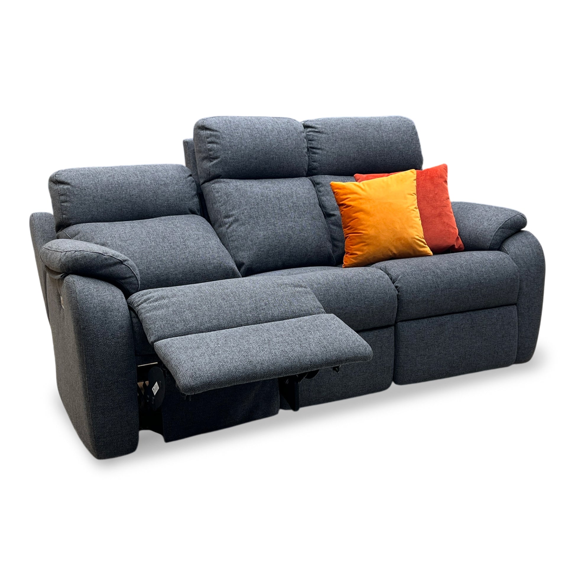 Full view of the G Plan ‘Kingsbury’ A943 Roche Slate Grey Fabric 3 Seater Power Recliner Sofa with Power Headrests and Power Lumbar.