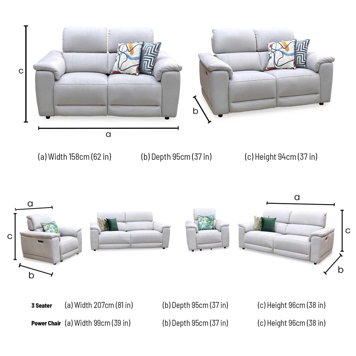 ‘Genius’ Bella Lead Grey 43451 Fabric 3 + 2 Seater Power Recliner with Power Headrests and Power Lumbar + Power Chair Sofa Set Furniture Village