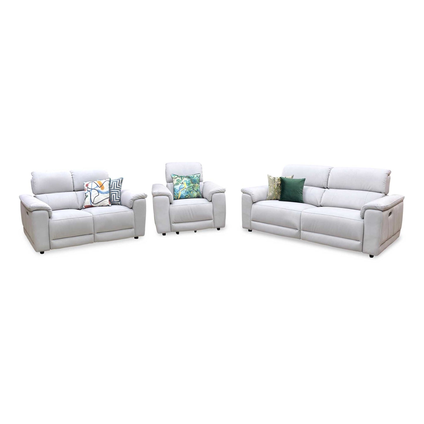 ‘Genius’ Bella Lead Grey 43451 Fabric 3 + 2 Seater Power Recliner with Power Headrests and Power Lumbar + Power Chair Sofa Set Furniture Village