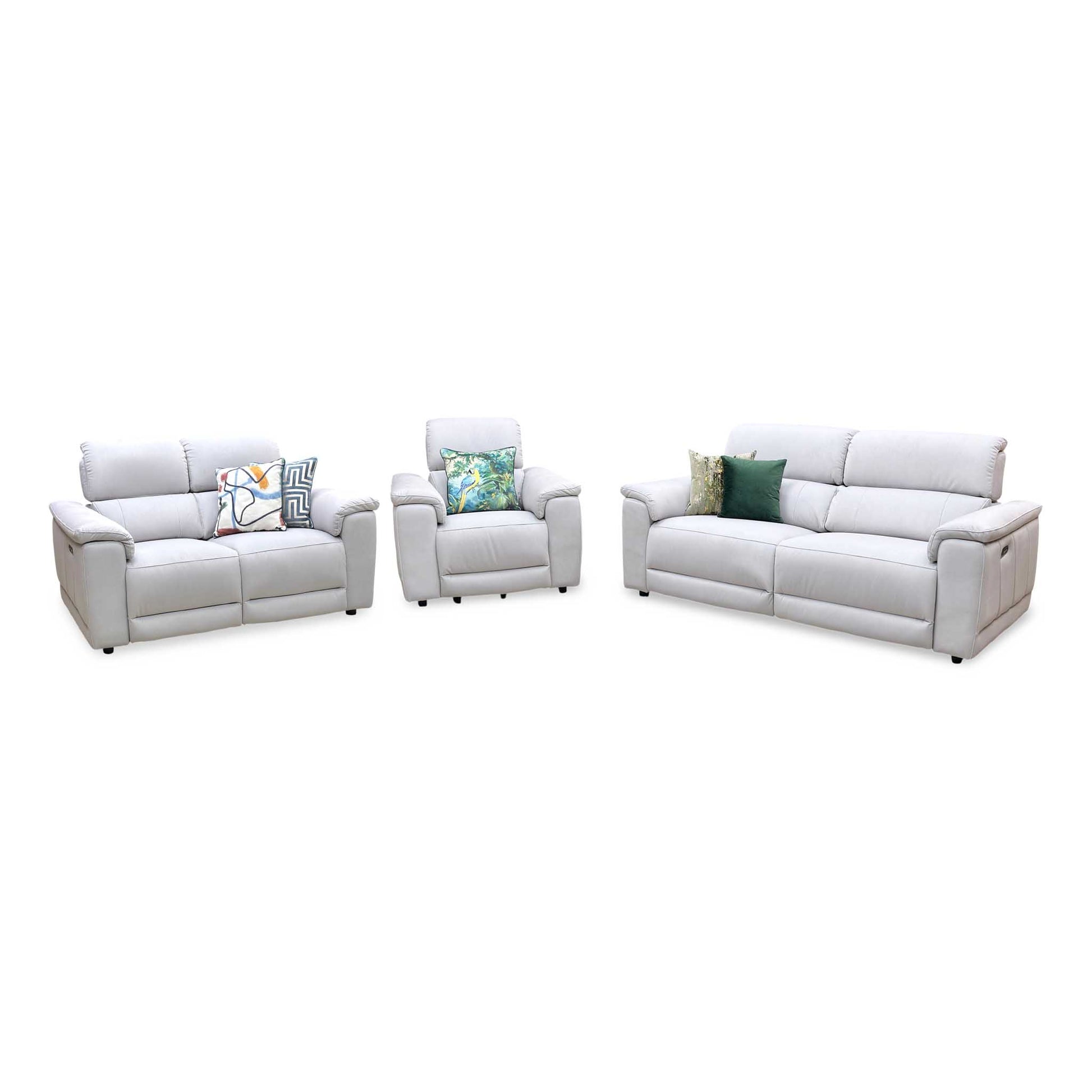‘Genius’ Bella Lead Grey 43451 Fabric 3 + 2 Seater Power Recliner with Power Headrests and Power Lumbar + Power Chair Sofa Set Furniture Village