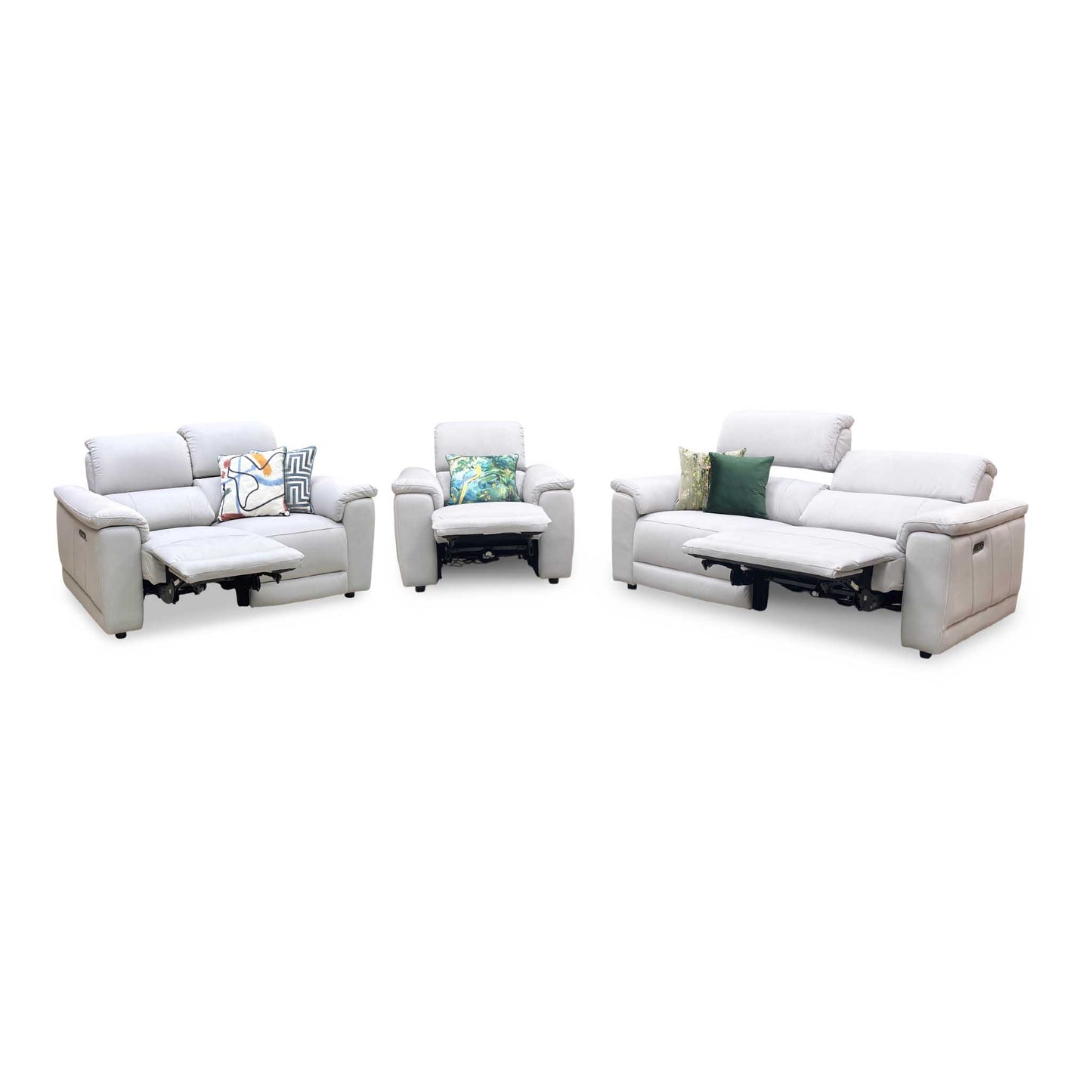 ‘Genius’ Bella Lead Grey 43451 Fabric 3 + 2 Seater Power Recliner with Power Headrests and Power Lumbar + Power Chair Sofa Set Furniture Village