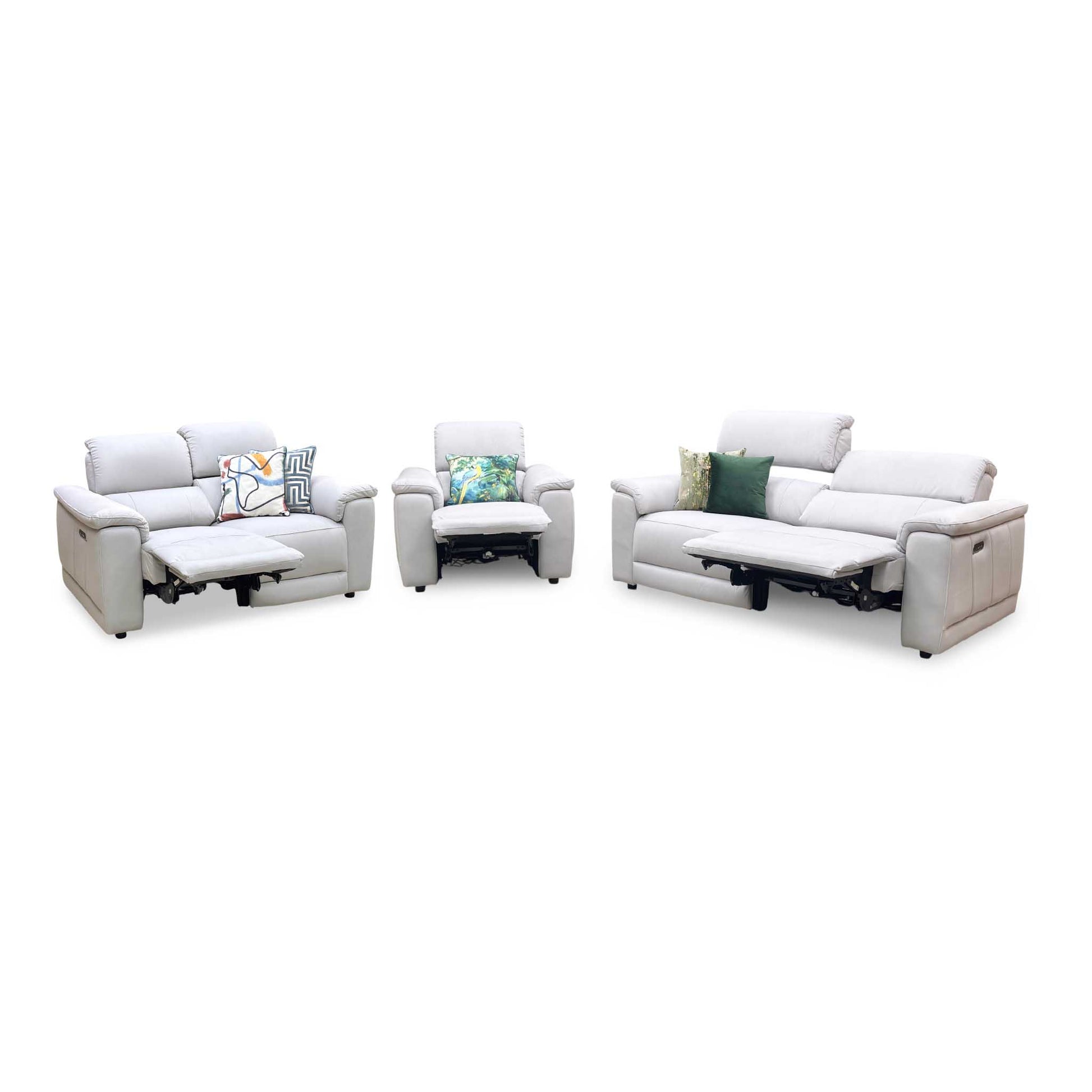 ‘Genius’ Bella Lead Grey 43451 Fabric 3 + 2 Seater Power Recliner with Power Headrests and Power Lumbar + Power Chair Sofa Set Furniture Village