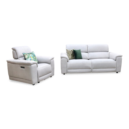 ‘Genius’ Bella Lead Grey 43451 Fabric 3 Seater Power Recliner Sofa with Power Headrests and Power Lumbar + Power Chair