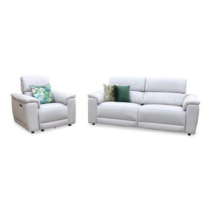 ‘Genius’ Bella Lead Grey 43451 Fabric 3 Seater Power Recliner Sofa with Power Headrests and Power Lumbar + Power Chair