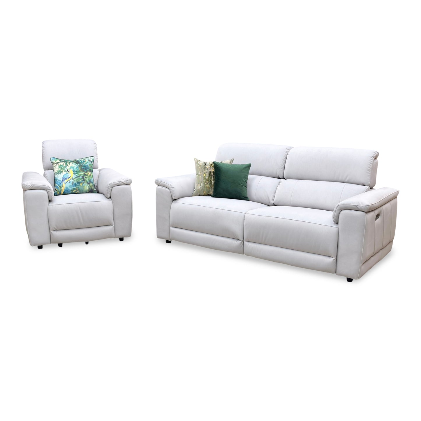 ‘Genius’ Bella Lead Grey 43451 Fabric 3 Seater Power Recliner Sofa with Power Headrests and Power Lumbar + Power Chair