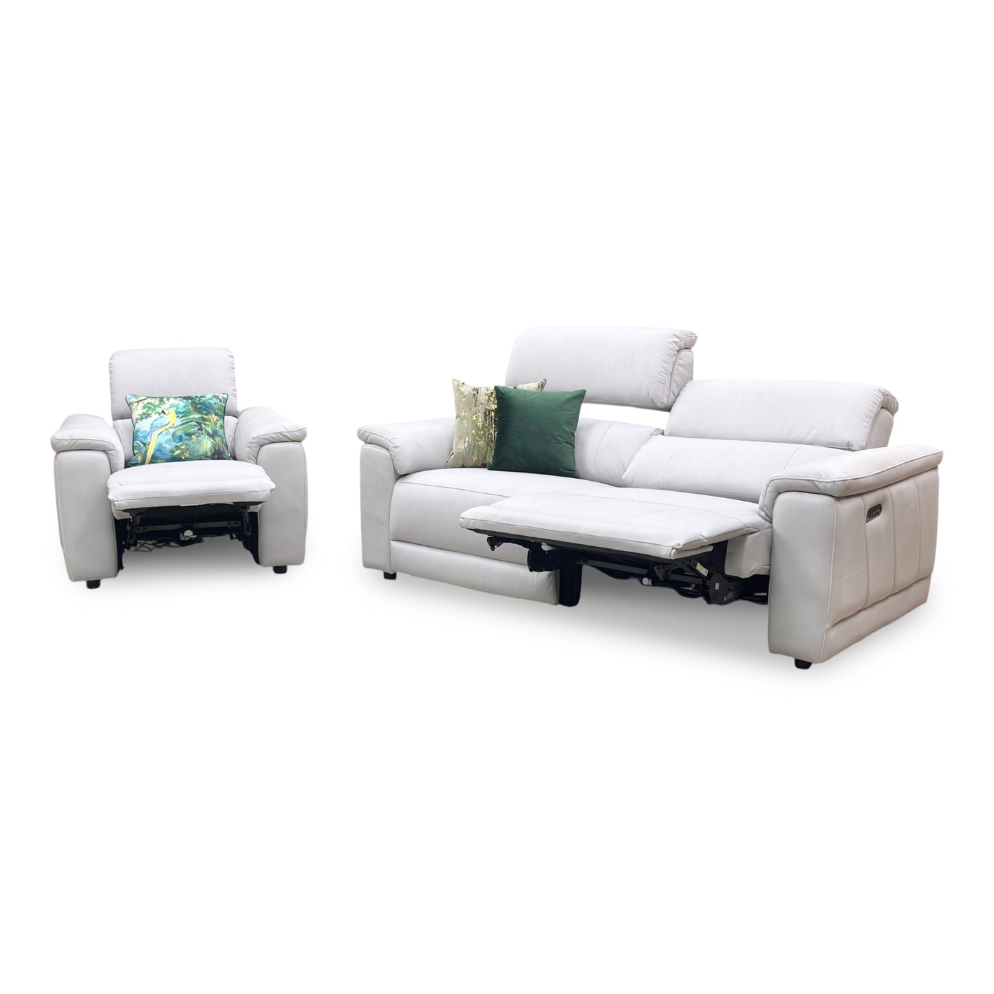 ‘Genius’ Bella Lead Grey 43451 Fabric 3 Seater Power Recliner Sofa with Power Headrests and Power Lumbar + Power Chair
