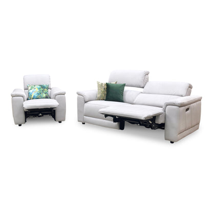‘Genius’ Bella Lead Grey 43451 Fabric 3 Seater Power Recliner Sofa with Power Headrests and Power Lumbar + Power Chair