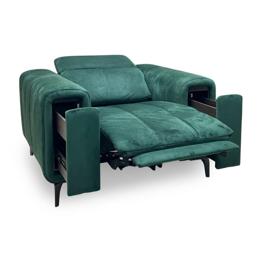 Full view ‘Elphaba’ contemporary power recliner armchair, beautifully upholstered in an elegant, rich Opulence Bottle Green fabric, featuring integrated storage armrests.