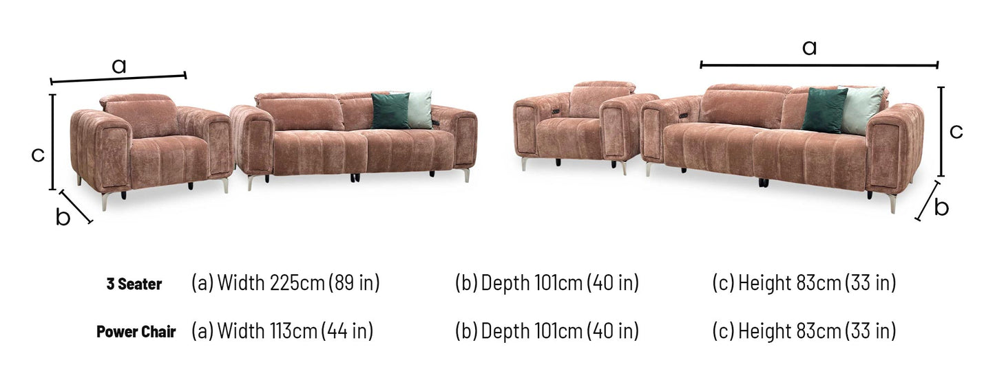 ‘Elphaba’ Manhattan Burnt Sienna Brown Fabric 3 Seater Power Recliner Sofa with Storage Arms + Power Chair Furniture Village