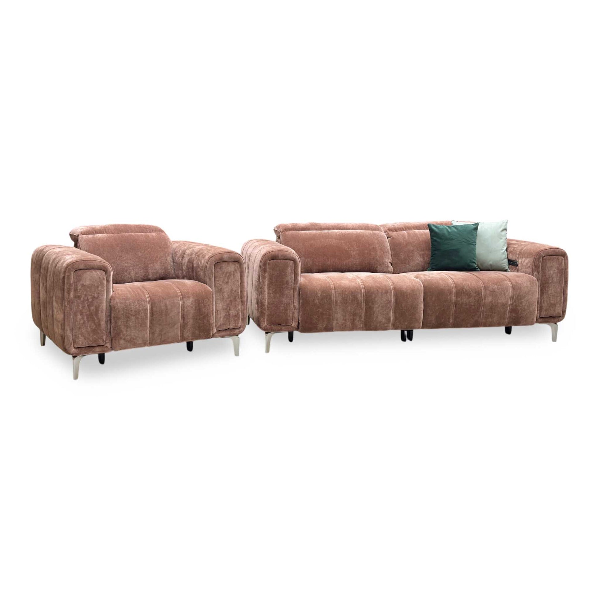 ‘Elphaba’ Manhattan Burnt Sienna Brown Fabric 3 Seater Power Recliner Sofa with Storage Arms + Power Chair Furniture Village