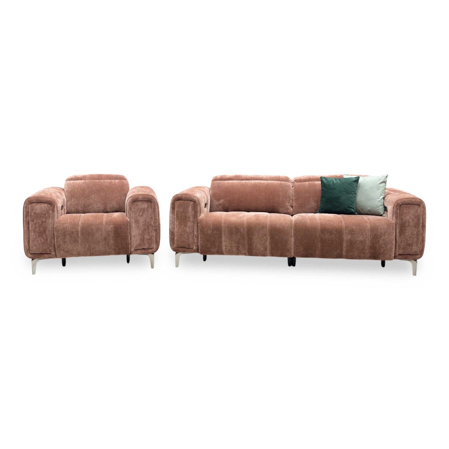 ‘Elphaba’ Manhattan Burnt Sienna Brown Fabric 3 Seater Power Recliner Sofa with Storage Arms + Power Chair Furniture Village