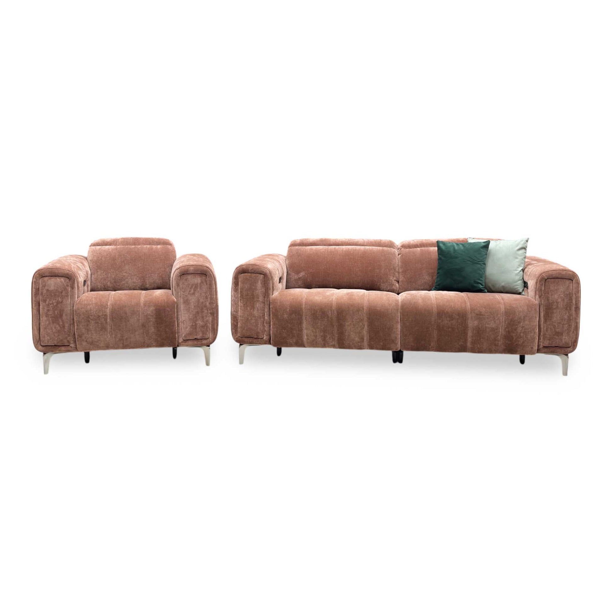 ‘Elphaba’ Manhattan Burnt Sienna Brown Fabric 3 Seater Power Recliner Sofa with Storage Arms + Power Chair Furniture Village