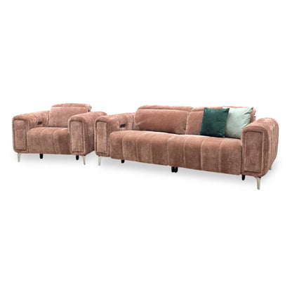 ‘Elphaba’ Manhattan Burnt Sienna Brown Fabric 3 Seater Power Recliner Sofa with Storage Arms + Power Chair Furniture Village