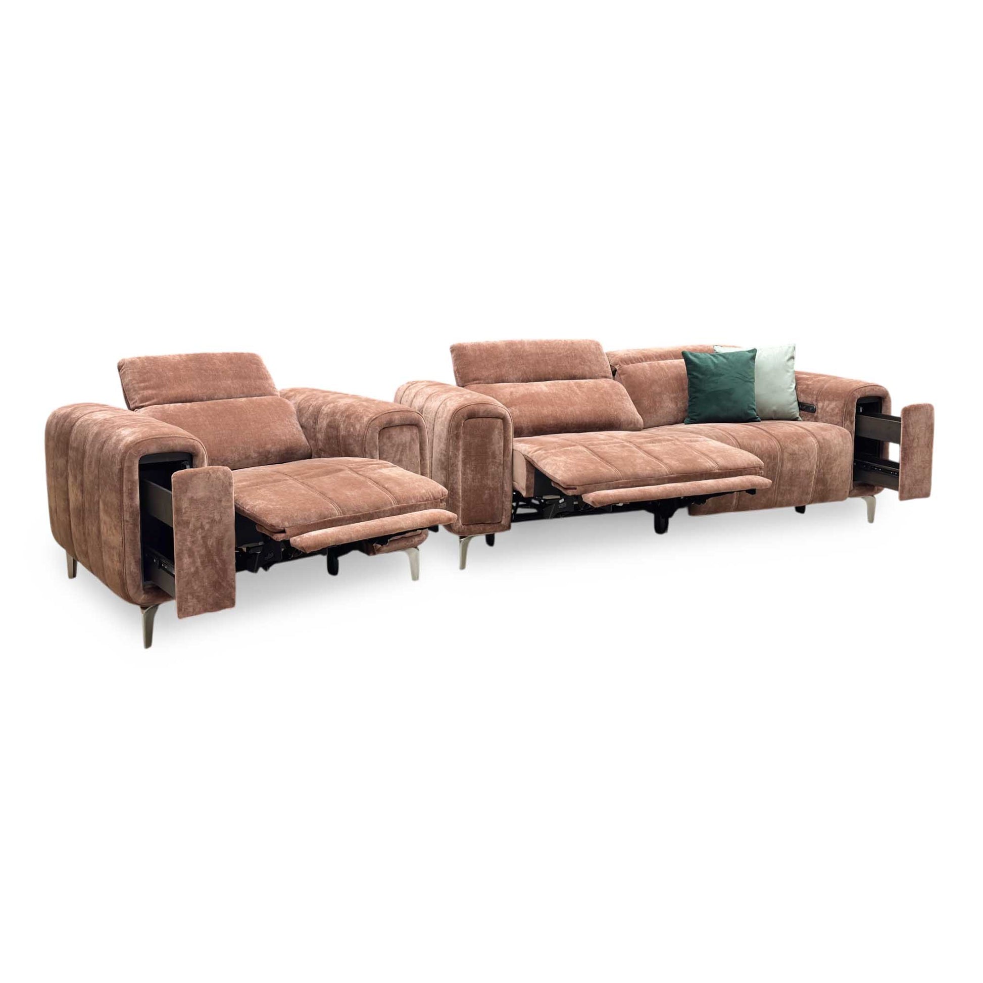 ‘Elphaba’ Manhattan Burnt Sienna Brown Fabric 3 Seater Power Recliner Sofa with Storage Arms + Power Chair Furniture Village