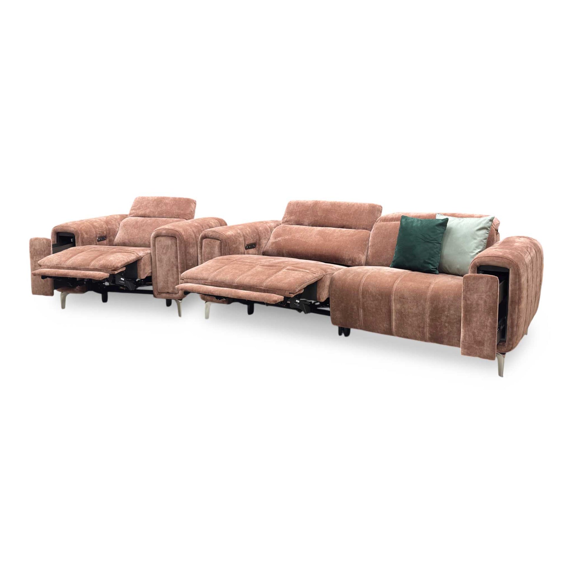‘Elphaba’ Manhattan Burnt Sienna Brown Fabric 3 Seater Power Recliner Sofa with Storage Arms + Power Chair Furniture Village