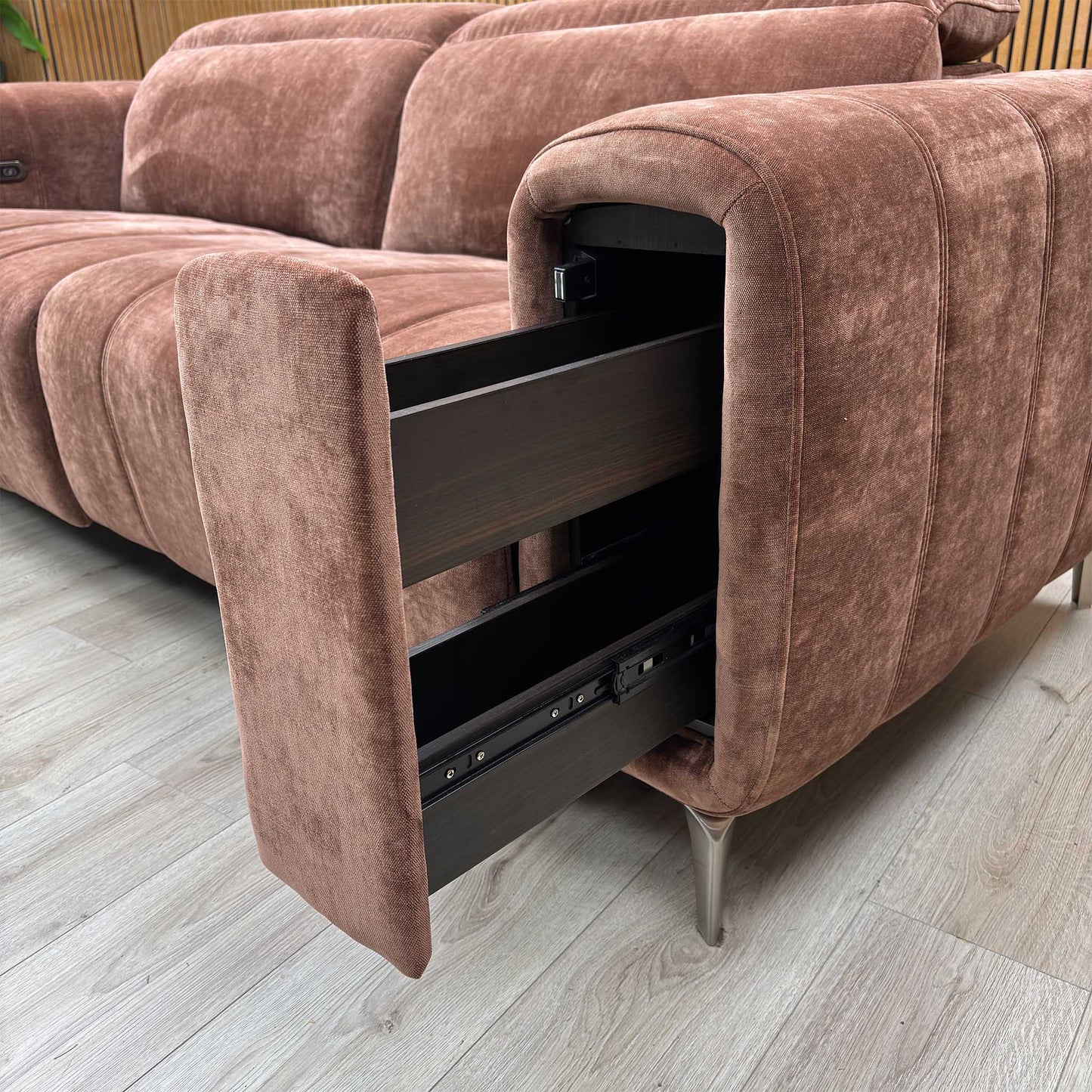 ‘Elphaba’ Manhattan Burnt Sienna Brown Fabric 3 Seater Power Recliner Sofa with Storage Arms + Power Chair Furniture Village