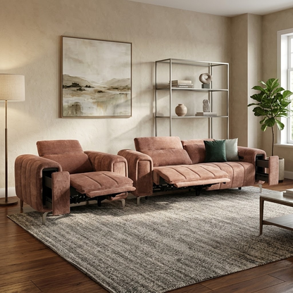 ‘Elphaba’ Manhattan Burnt Sienna Brown Fabric 3 Seater Power Recliner Sofa with Storage Arms + Power Chair Furniture Village