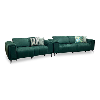‘Elphaba’ Opulence Bottle Green Fabric 3 + 2 Seater Power Recliner Sofa with Storage Arms