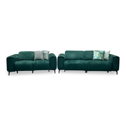 ‘Elphaba’ Opulence Bottle Green Fabric 3 + 2 Seater Power Recliner Sofa with Storage Arms