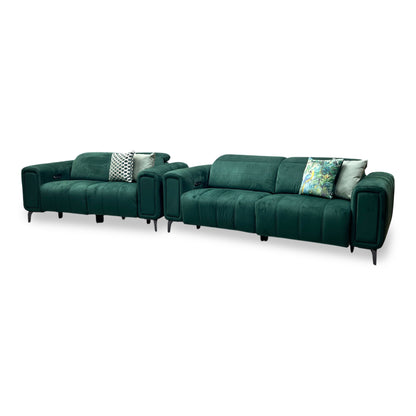 ‘Elphaba’ Opulence Bottle Green Fabric 3 + 2 Seater Power Recliner Sofa with Storage Arms