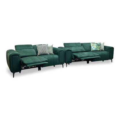 ‘Elphaba’ Opulence Bottle Green Fabric 3 + 2 Seater Power Recliner Sofa with Storage Arms