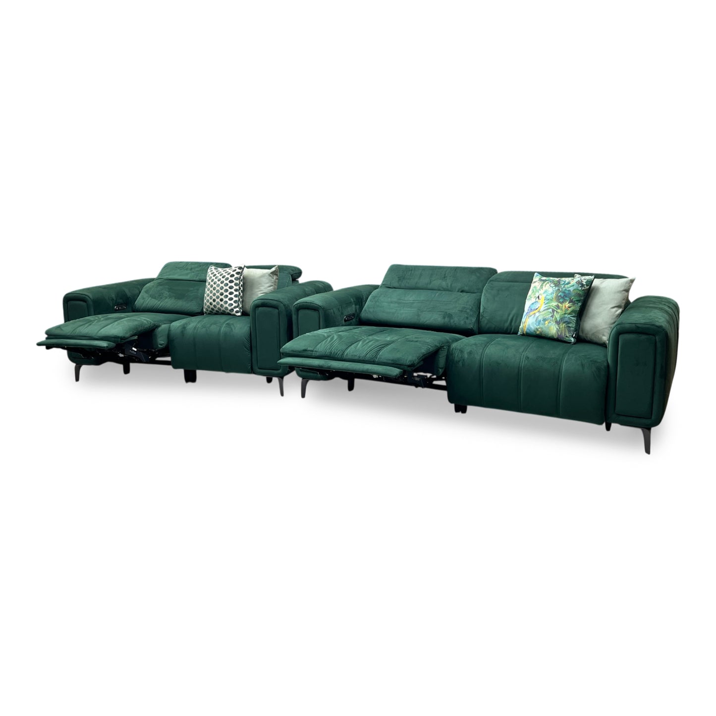‘Elphaba’ Opulence Bottle Green Fabric 3 + 2 Seater Power Recliner Sofa with Storage Arms