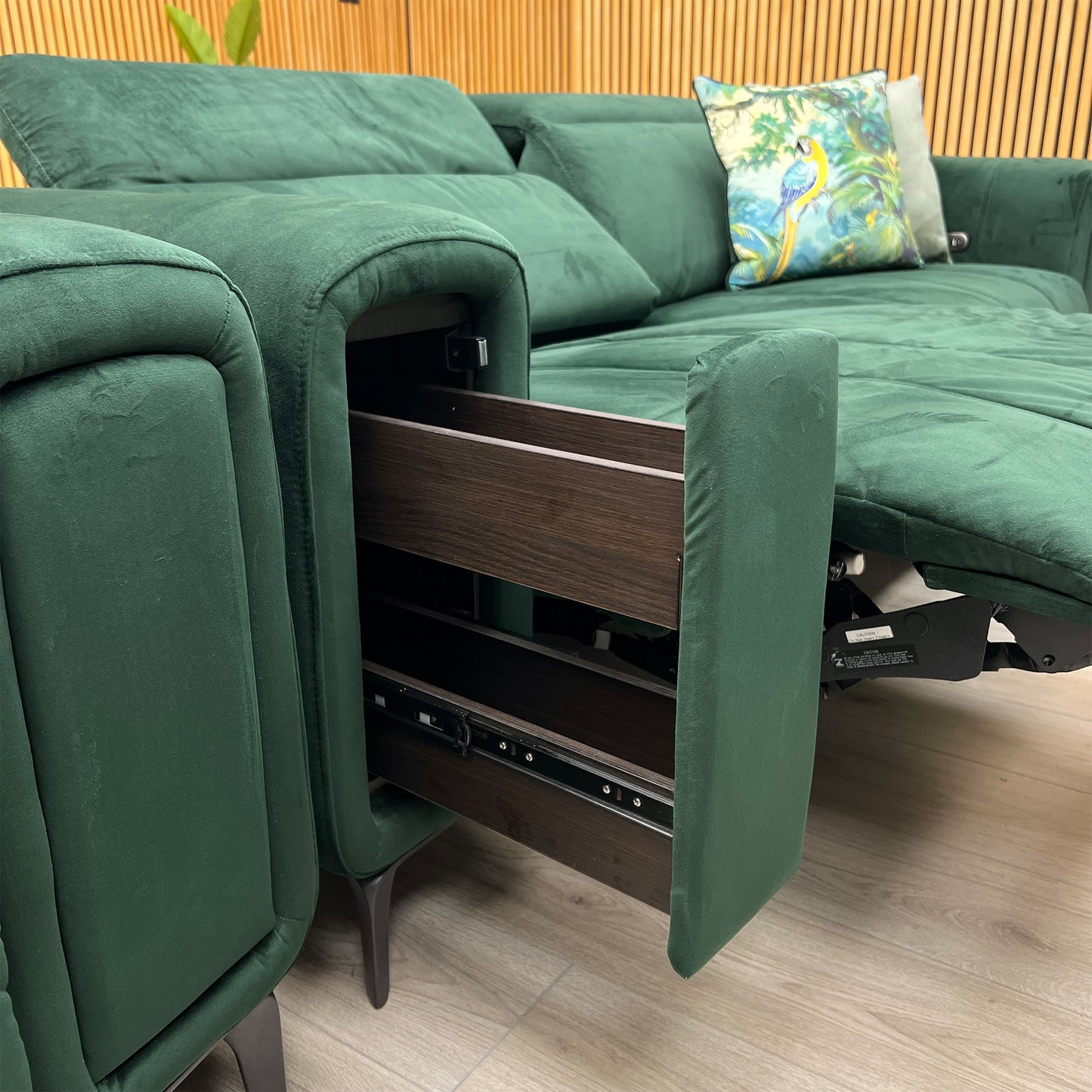 ‘Elphaba’ Opulence Bottle Green Fabric 3 + 2 Seater Power Recliner Sofa with Storage Arms