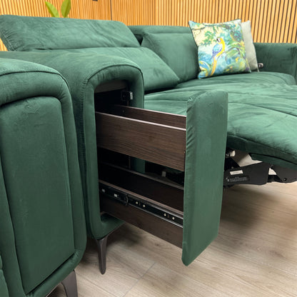 ‘Elphaba’ Opulence Bottle Green Fabric 3 + 2 Seater Power Recliner Sofa with Storage Arms