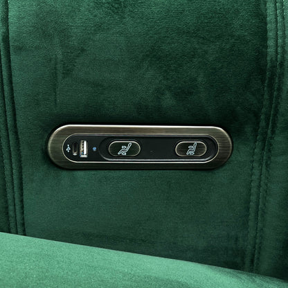 ‘Elphaba’ Opulence Bottle Green Fabric 3 + 2 Seater Power Recliner Sofa with Storage Arms