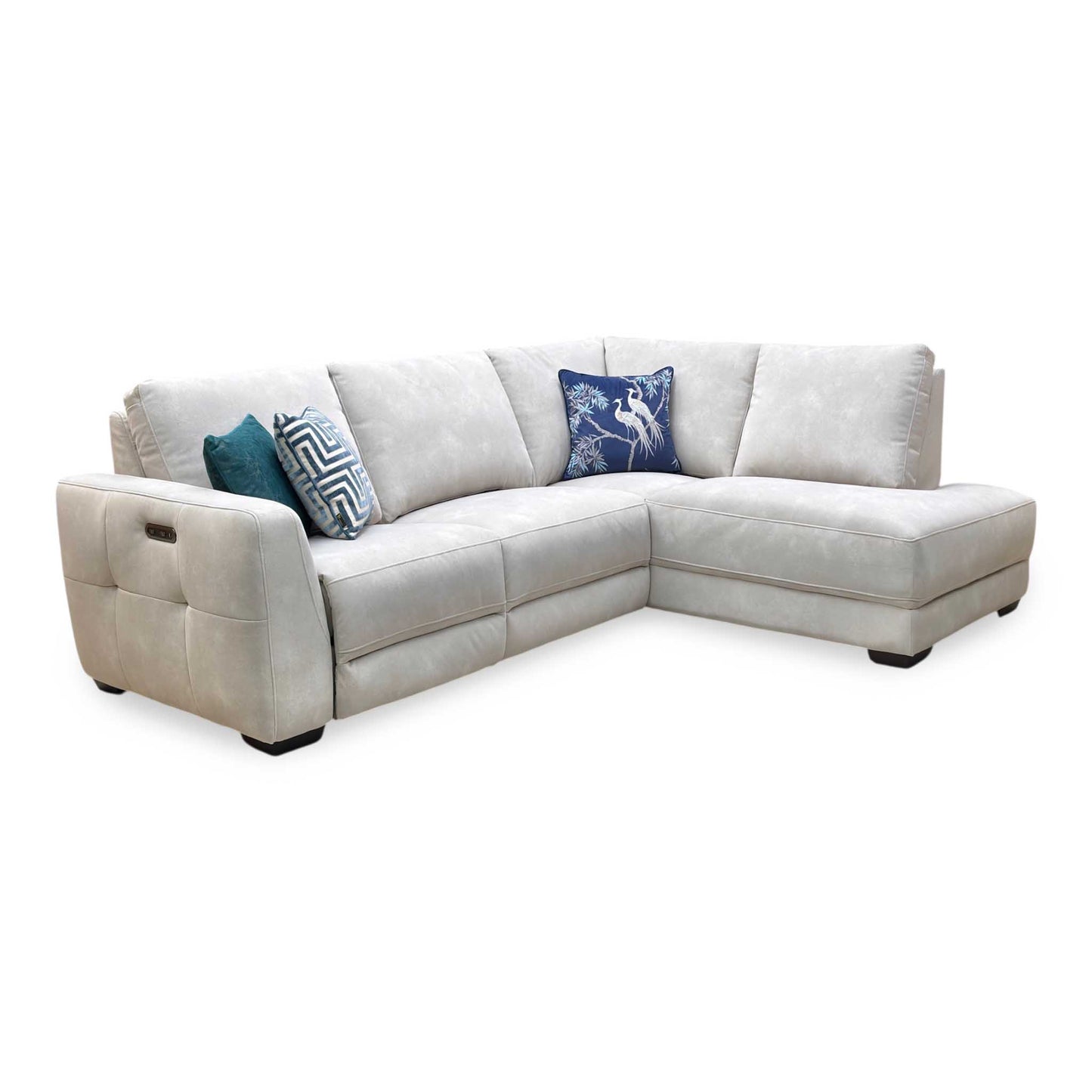 Full view of ‘Dinky’ Dexter Ivory 43501 Fabric Power Recliner Right Hand Facing Corner Chaise End Sofa.